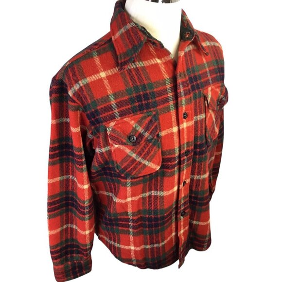 Vintage Campus C.P.O CPO Wool Blend Red Plaid Shirt Jacket Jac Large 16-16 1/2 - Picture 2 of 9